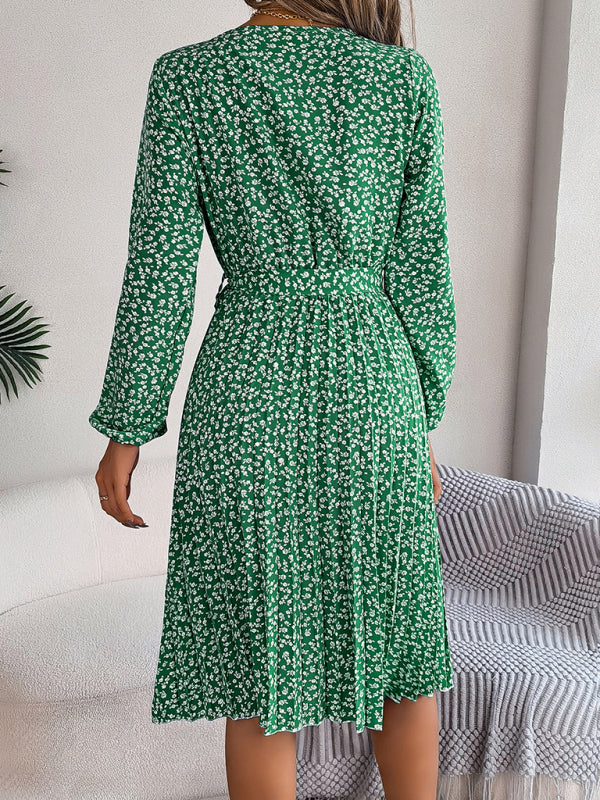 Floral Dresses- Spring Belted A-Line Dress with Pleats & Long Sleeves in Floral Print- - Pekosa Women Clothing
