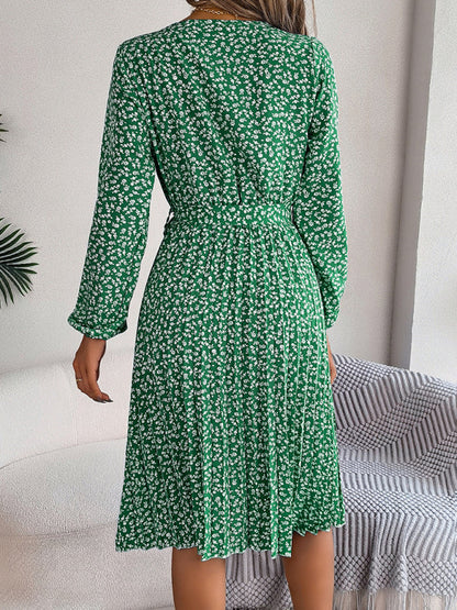 Floral Dresses- Spring Belted A-Line Dress with Pleats & Long Sleeves in Floral Print- - Pekosa Women Clothing