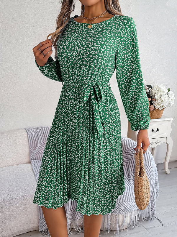 Floral Dresses- Spring Belted A-Line Dress with Pleats & Long Sleeves in Floral Print- - Pekosa Women Clothing