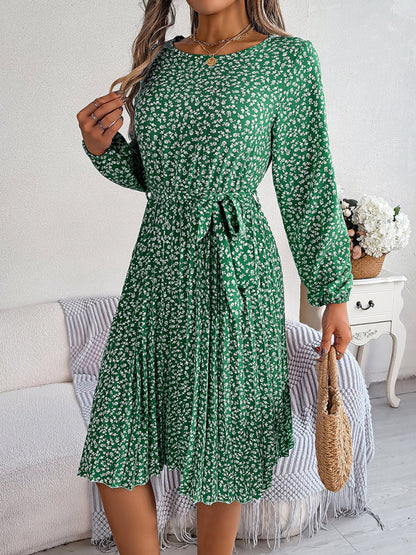 Floral Dresses- Spring Belted A-Line Dress with Pleats & Long Sleeves in Floral Print- - Pekosa Women Clothing