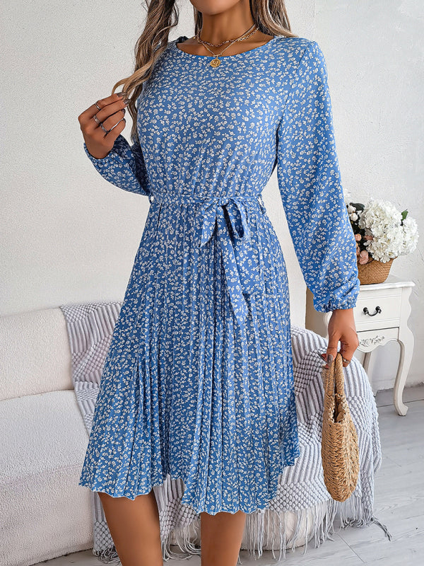 Floral Dresses- Spring Belted A-Line Dress with Pleats & Long Sleeves in Floral Print- - Pekosa Women Clothing