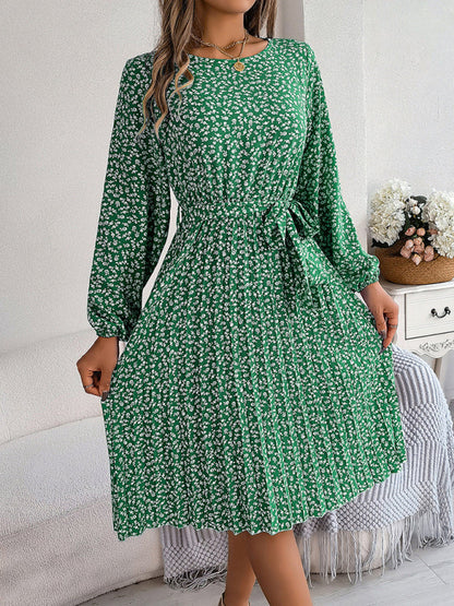 Floral Dresses- Spring Belted A-Line Dress with Pleats & Long Sleeves in Floral Print- - Pekosa Women Clothing