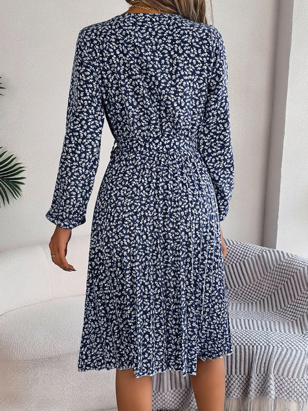 Floral Dresses- Spring Belted A-Line Dress with Pleats & Long Sleeves in Floral Print- - Pekosa Women Clothing