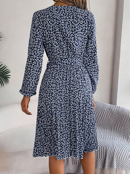 Floral Dresses- Spring Belted A-Line Dress with Pleats & Long Sleeves in Floral Print- - Pekosa Women Clothing