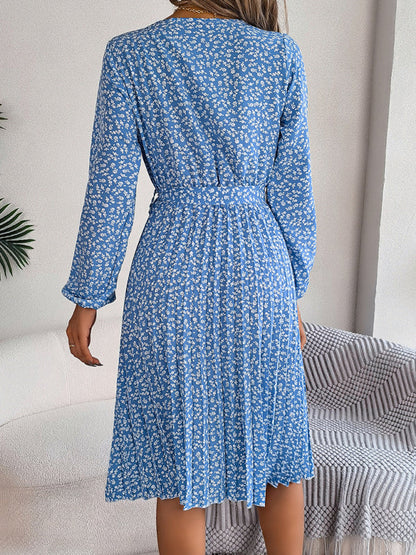 Floral Dresses- Spring Belted A-Line Dress with Pleats & Long Sleeves in Floral Print- - Pekosa Women Clothing