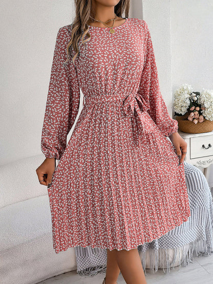 Floral Dresses- Spring Belted A-Line Dress with Pleats & Long Sleeves in Floral Print- - Pekosa Women Clothing