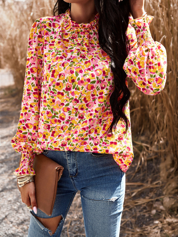 Floral blouses- Floral High Ruffe Neck Long Sleeve Blouse- Pink- Pekosa Women Clothing