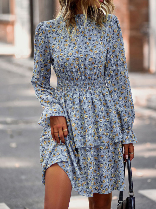 Floral dresses- Floral Tiered Ruffle A-Line Dress with Long Sleeves & Smocked Waist- - Pekosa Women Clothing