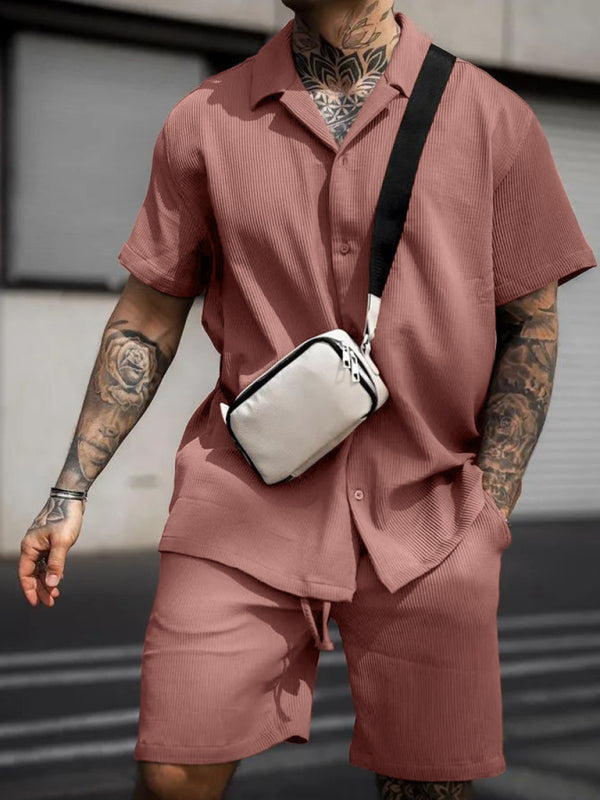 Hawaiian Outfit- Men's Cotton Blend 2-Piece Hawaiian Outfit - Short Sleeve Shirt and Shorts- Pink- Pekosa Women Clothing