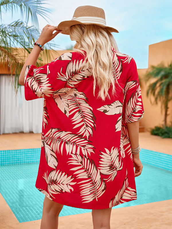Hawaiian Outfits- Women's Oversized Hawaiian 2-Piece Open Front Shirt and Shorts- - Pekosa Women Clothing