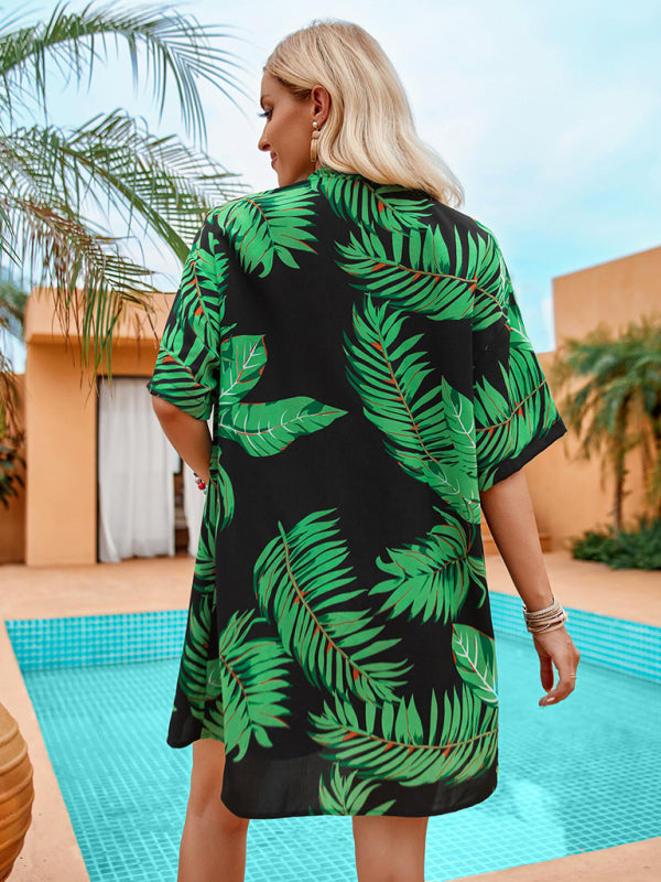 Hawaiian Outfits- Women's Oversized Hawaiian 2-Piece Open Front Shirt and Shorts- - Pekosa Women Clothing