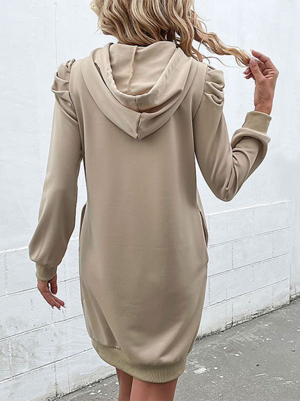 Hoodie Dresses- Solid Puff Long Sleeve Hoodie Dress- - Pekosa Women Clothing