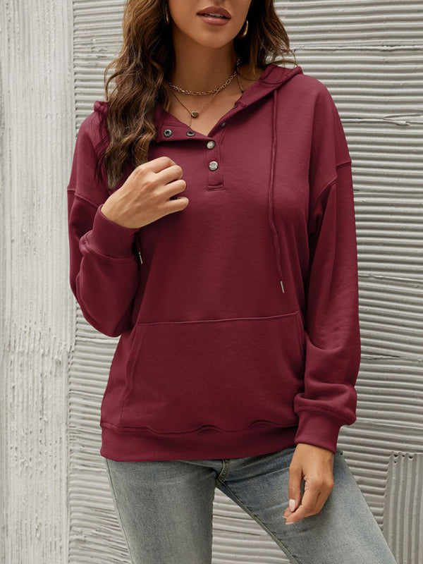 Hoodies- Button-Down Hoodie - Hooded Sweatshirt with Drop Shoulders- Wine Red- Pekosa Women Clothing