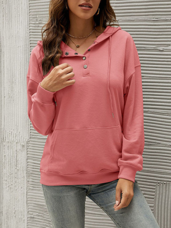 Hoodies- Button-Down Hoodie - Hooded Sweatshirt with Drop Shoulders- - Pekosa Women Clothing