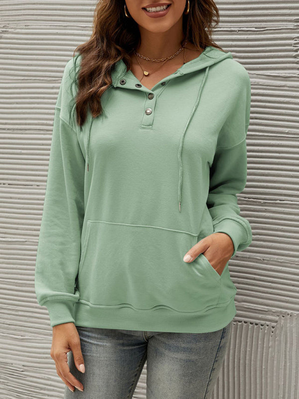 Hoodies- Button-Down Hoodie - Hooded Sweatshirt with Drop Shoulders- - Pekosa Women Clothing