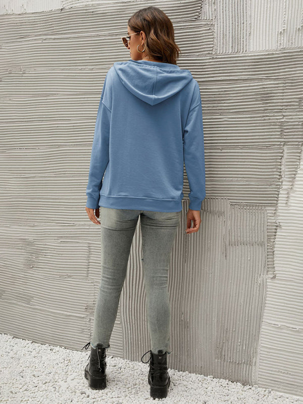 Hoodies- Button-Down Hoodie - Hooded Sweatshirt with Drop Shoulders- - Pekosa Women Clothing