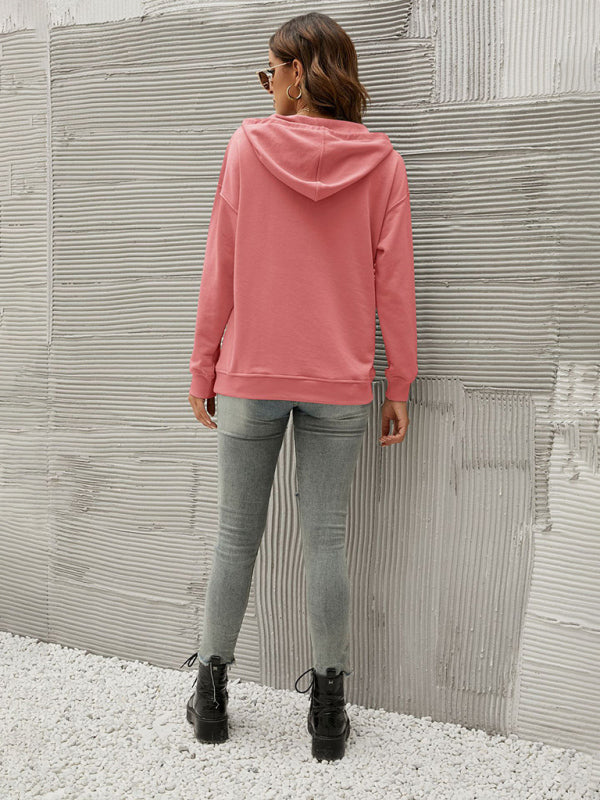 Hoodies- Button-Down Hoodie - Hooded Sweatshirt with Drop Shoulders- - Pekosa Women Clothing