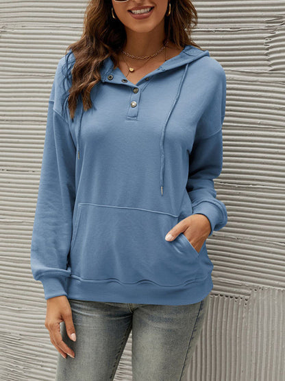 Hoodies- Button-Down Hoodie - Hooded Sweatshirt with Drop Shoulders- - Pekosa Women Clothing