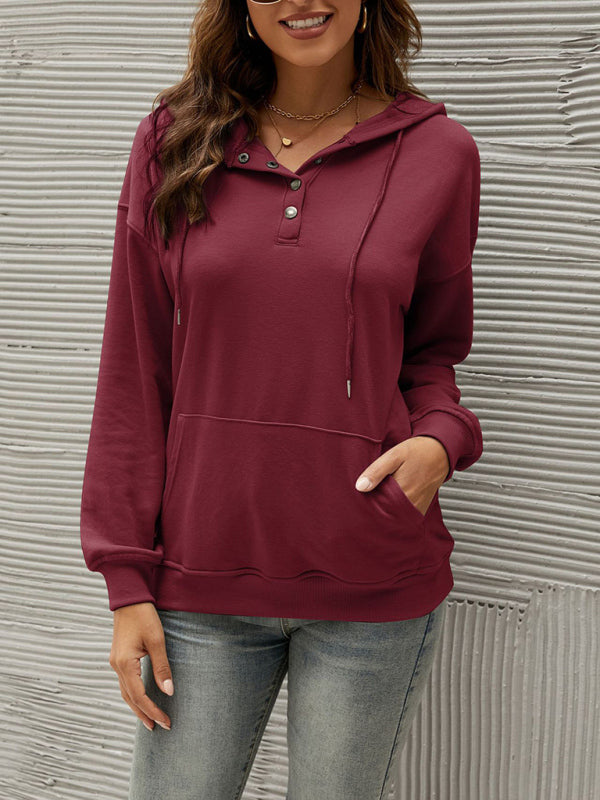 Hoodies- Button-Down Hoodie - Hooded Sweatshirt with Drop Shoulders- - Pekosa Women Clothing