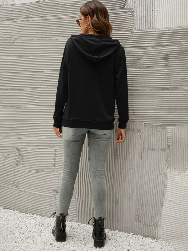 Hoodies- Button-Down Hoodie - Hooded Sweatshirt with Drop Shoulders- - Pekosa Women Clothing