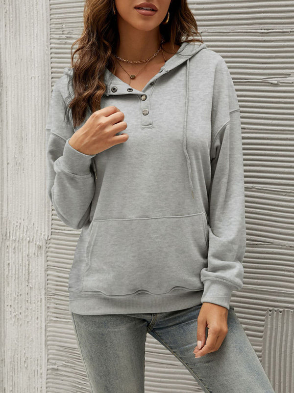 Hoodies- Button-Down Hoodie - Hooded Sweatshirt with Drop Shoulders- - Pekosa Women Clothing