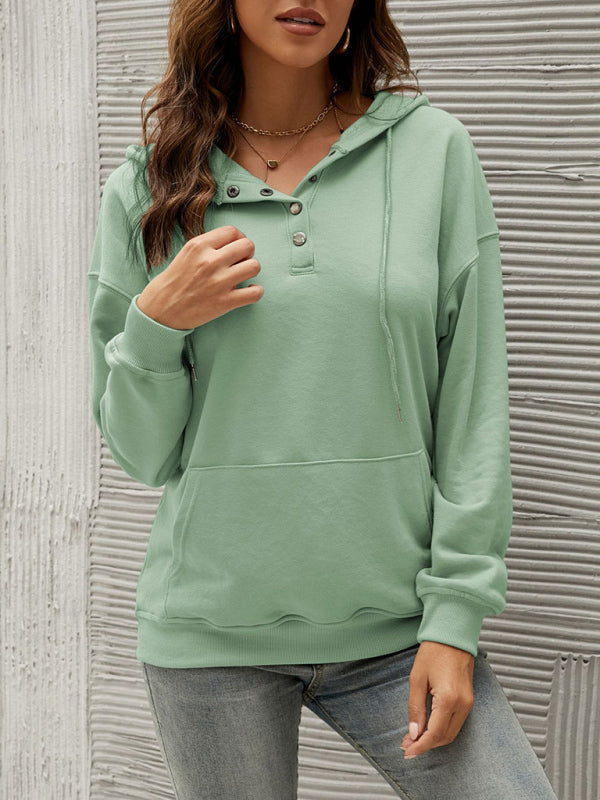 Hoodies- Button-Down Hoodie - Hooded Sweatshirt with Drop Shoulders- Green- Pekosa Women Clothing