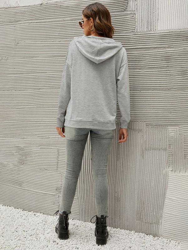Hoodies- Button-Down Hoodie - Hooded Sweatshirt with Drop Shoulders- - Pekosa Women Clothing