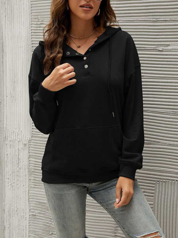 Hoodies- Button-Down Hoodie - Hooded Sweatshirt with Drop Shoulders- - Pekosa Women Clothing