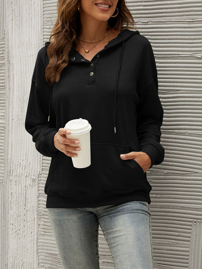 Hoodies- Button-Down Hoodie - Hooded Sweatshirt with Drop Shoulders- Black- Pekosa Women Clothing