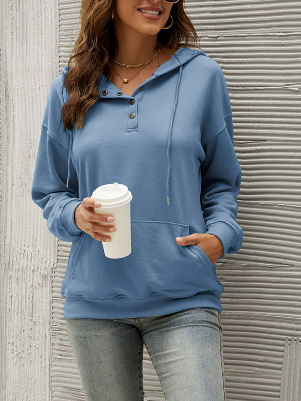 Hoodies- Button-Down Hoodie - Hooded Sweatshirt with Drop Shoulders- - Pekosa Women Clothing