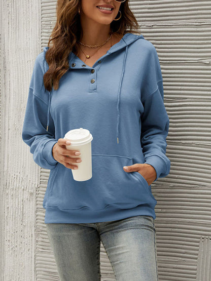 Hoodies- Button-Down Hoodie - Hooded Sweatshirt with Drop Shoulders- - Pekosa Women Clothing