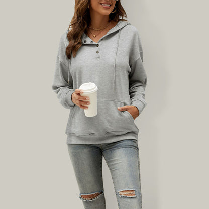 Hoodies- Button-Down Hoodie - Hooded Sweatshirt with Drop Shoulders- Grey- Pekosa Women Clothing