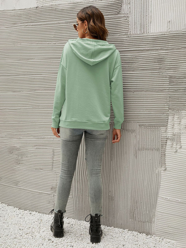 Hoodies- Button-Down Hoodie - Hooded Sweatshirt with Drop Shoulders- - Pekosa Women Clothing