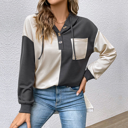 Hoodies- Trendy Women's Hoodie - Colorblock & Half Button Sweatshirt- Cracker khaki- Pekosa Women Clothing
