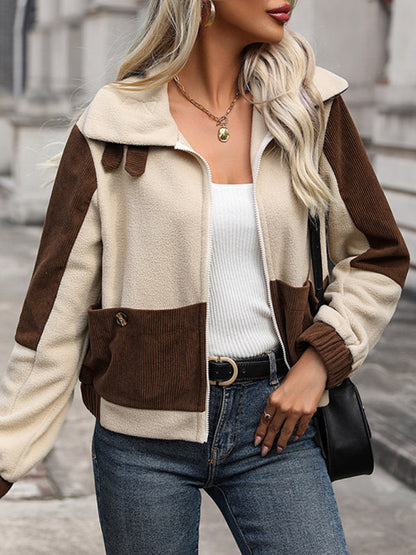 Jackets- Cozy Teddy Bear Fur Patched Zip Jacket for Winter- - Pekosa Women Clothing