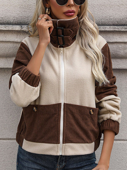 Jackets- Cozy Teddy Bear Fur Patched Zip Jacket for Winter- - Pekosa Women Clothing