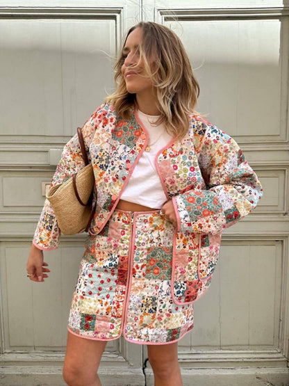 Jackets- Floral Print Lightweight Button-Up Quilted Jacket- Pattern- Pekosa Women Clothing