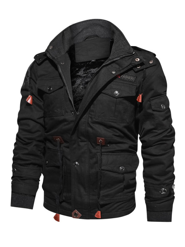 Jackets- Oversized Cotton Utility Jacket with Faux Fur Lining | Hooded Windbreaker for Men- Black- Pekosa Women Clothing