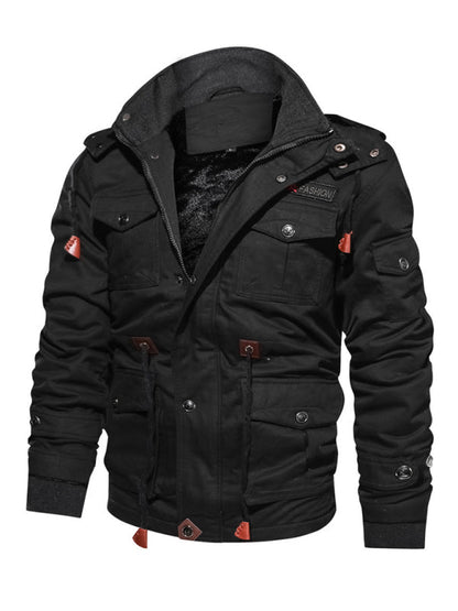 Jackets- Oversized Cotton Utility Jacket with Faux Fur Lining | Hooded Windbreaker for Men- Black- Pekosa Women Clothing