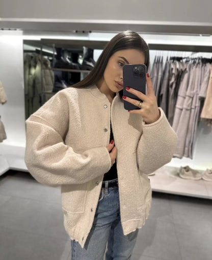 Jackets- Oversized Wool Outerwear | Stand Collar Wool Jacket- Cream- Pekosa Women Clothing