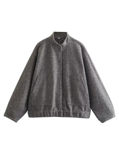 Jackets- Oversized Wool Outerwear | Stand Collar Wool Jacket- - Pekosa Women Clothing