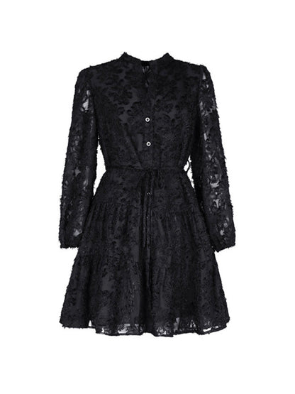 Jacquard Dresses- Jacquard Tiered Button Flounce Sleeve Belted Dress- - Pekosa Women Clothing