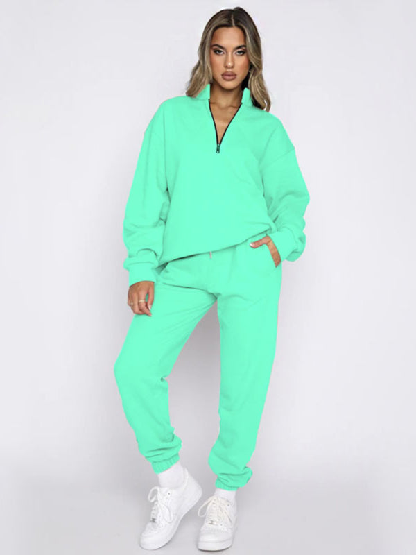 Jogging Outfit- Sporty Lounge Wear Cozy Sweatpants and Zip-Up Sweatshirt Pair- Indigo- Pekosa Women Clothing