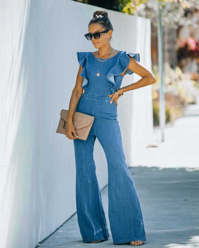 Jumpsuit- Denim Fitted Jumpsuit - Butterfly Sleeve Cotton Jean Pantsuit- - Pekosa Women Clothing