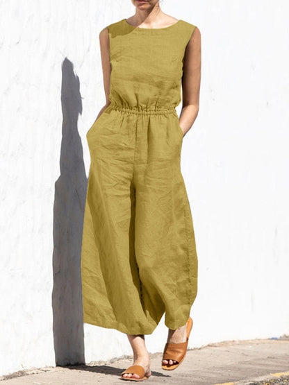 Jumpsuit- Solid Cotton Wide-Leg Jumpsuit - Elastic Waist Pantsuits- Yellow- Pekosa Women Clothing
