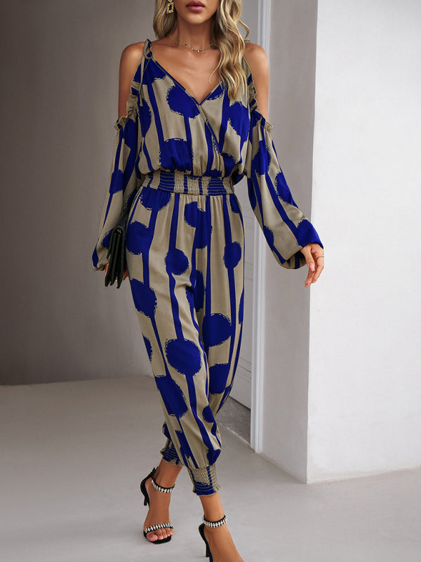Jumpsuits- Abstract Print Cold Shoulders Long Sleeve Jumpsuit Pantsuit- Champlain color- Pekosa Women Clothing