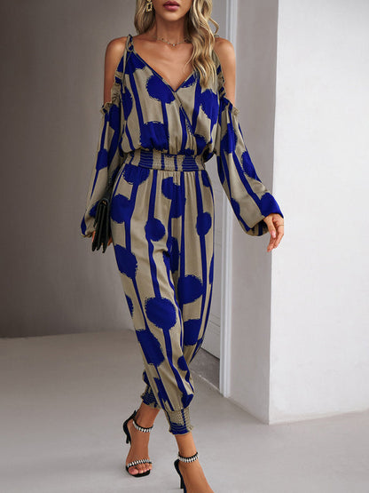 Jumpsuits- Abstract Print Cold Shoulders Long Sleeve Jumpsuit Pantsuit- Champlain color- Pekosa Women Clothing