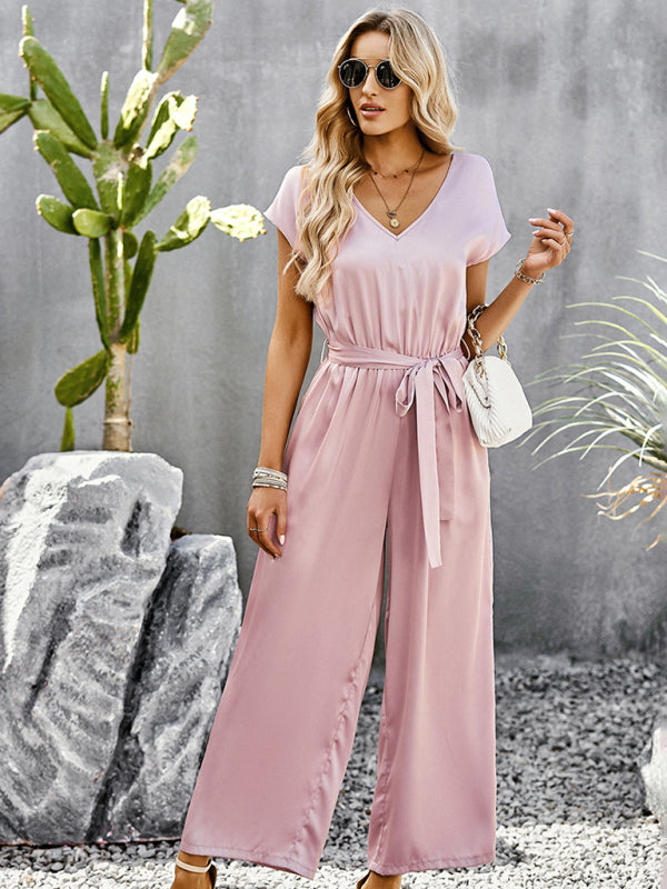 Jumpsuits- Comfy Wide-Leg Bib Overalls - V Neck Jumpsuit with Belt Tie & Pockets- - Pekosa Women Clothing