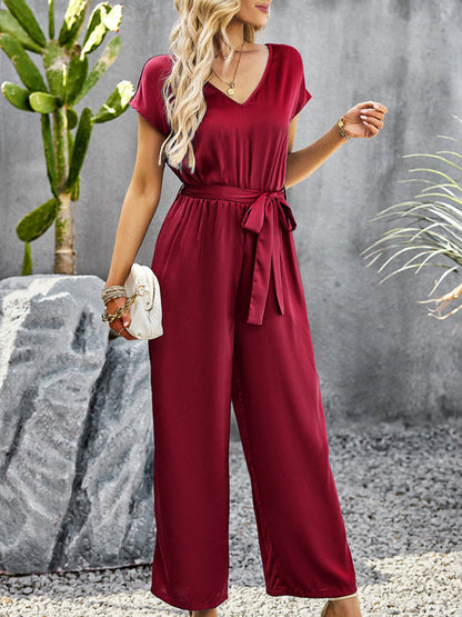 Jumpsuits- Comfy Wide-Leg Bib Overalls - V Neck Jumpsuit with Belt Tie & Pockets- - Pekosa Women Clothing