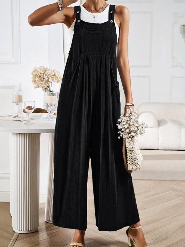 Jumpsuits- Cotton-Linen Pocketed Jumpsuit - Wide Leg Overalls Pantsuits- - Pekosa Women Clothing